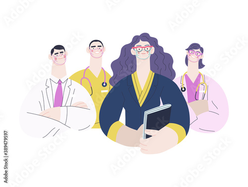 Medical insurance illustration -hospital administrator -modern flat vector concept digital illustration - a female hospital administrator with a team of doctors concept, medical office or laboratory