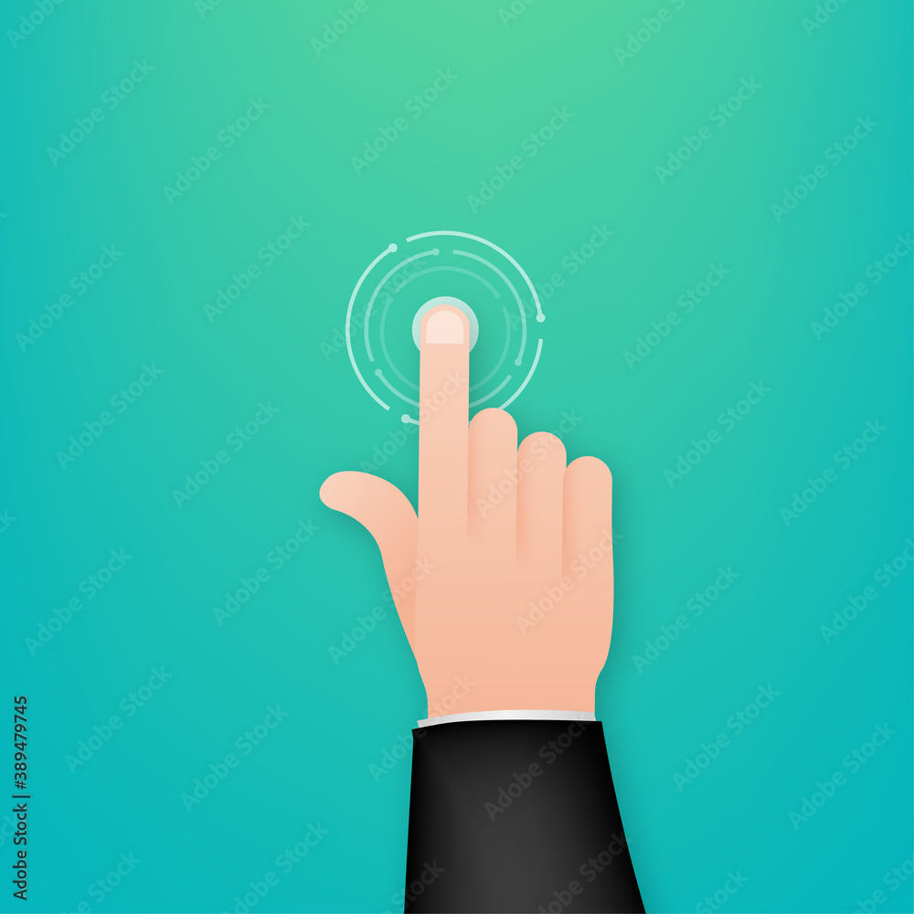 Click hand in flat style. Push touch screen. Hand cursor icon. Finger click icon. Vector stock illustration.