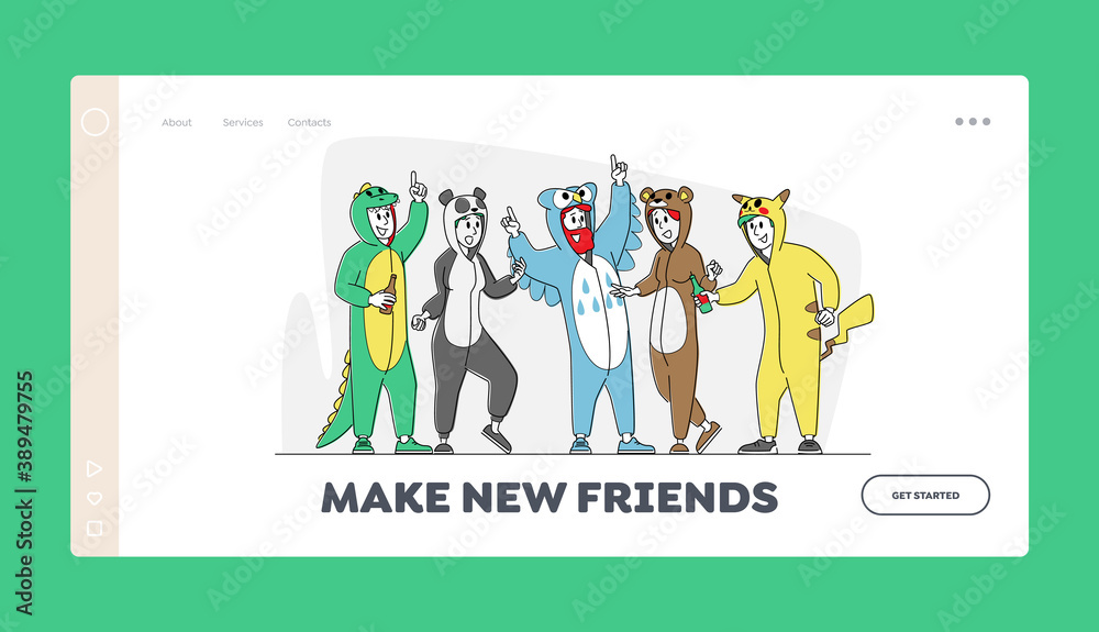 Costume Party Landing Page Template. Happy Friend Characters Rejoice at Festive Celebration. Hipster in Funny Pajamas