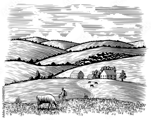 Fotografia Woodcut illustration of a farmer and his cow with a barn in the background