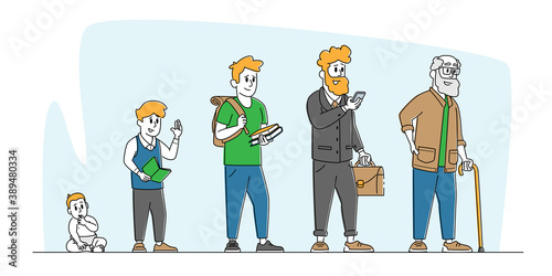 Male Character Life Cycle, Growth and Aging Process, Age Generation Concept. Happy People Baby, Kid, Teenager and Adult