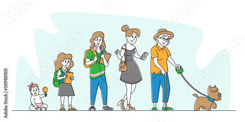 Woman Age, Female Character Lifecycle, Women Aging Stages from Child to Adolescence and Elderly Cycle. Human Generation