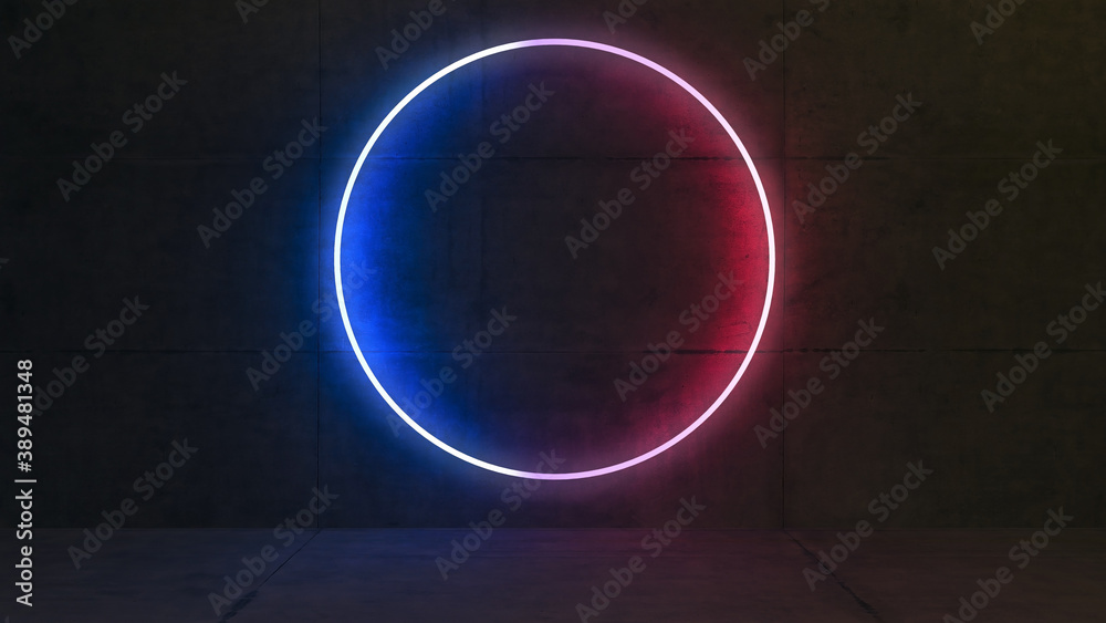 Neon circular rings with concrete wall 3D rendering