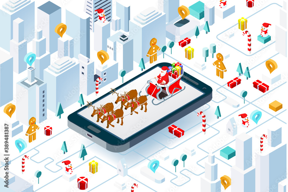 Santa Claus with sleigh full of presents and Reindeer righting in the City. Christmas is coming to town. Isometric illustration