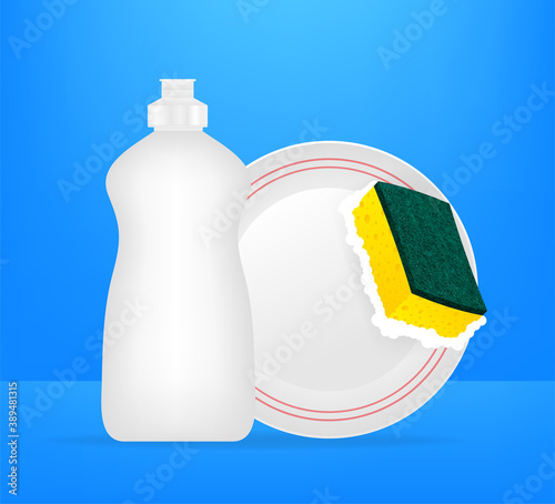 Dishwashing, washing dishes. Dishwashing liquid, dishes and yellow sponge. Vector stock illustration