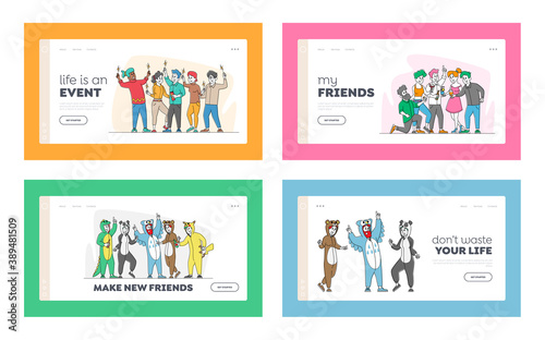 Celebration and Pajama Party Concept for Landing Page Template Set. Cheerful Happy People in Funny Costumes Friendship