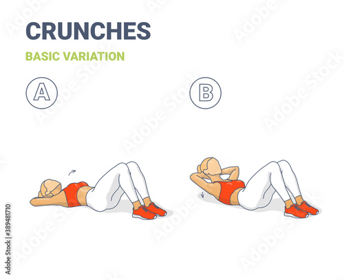 Crunch Female Home Workout Exercise Guide Illustration Colorful Concept.