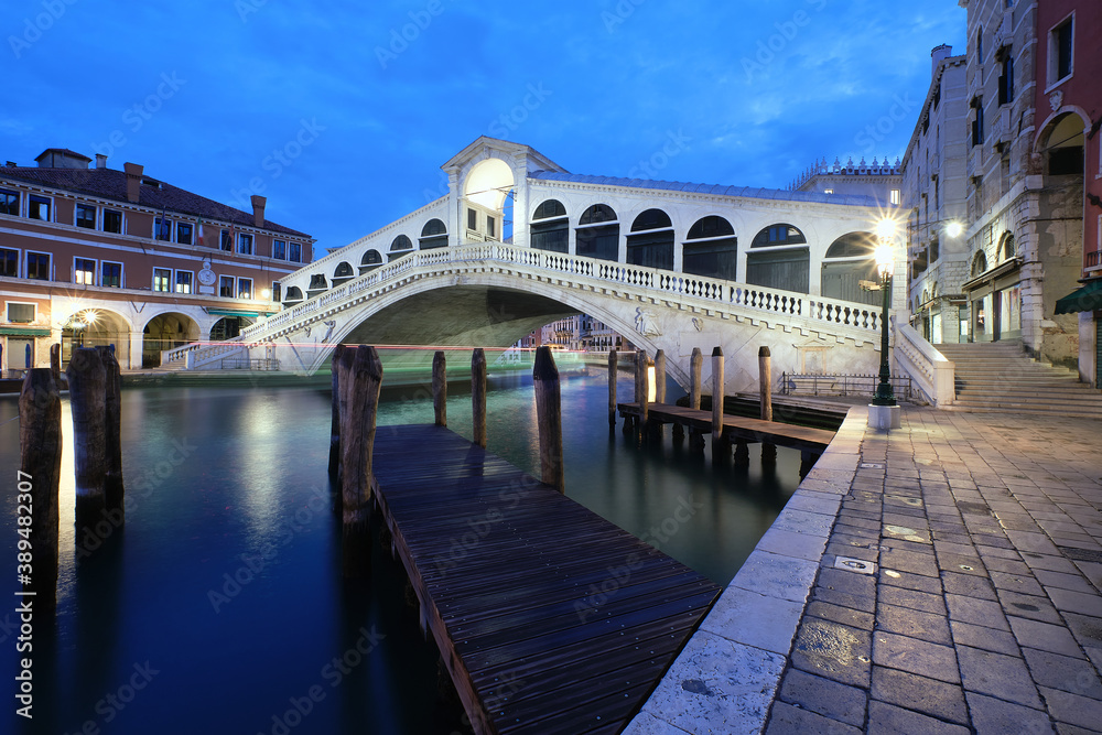 Rialto bridge on The Grand Canal in Venice, Italy early in the morning.