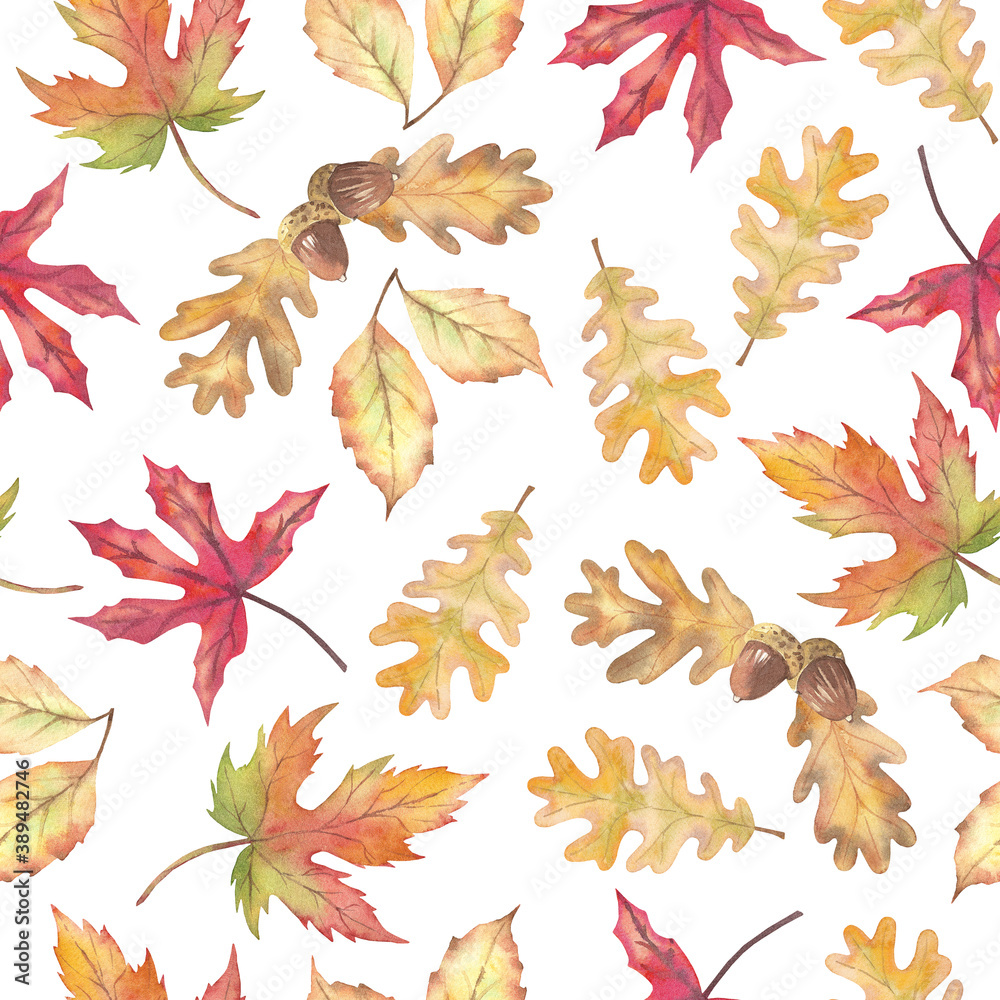 Autumn watercolor seamless pattern with leaves on a white background.