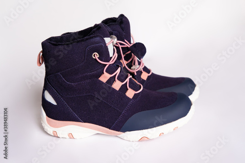 boots for children, autumn / winter boots made of nubuck, suede. Blue color isolated on white background.