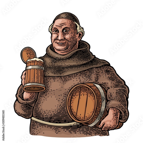 Photo Monk holding wood beer mug and barrel