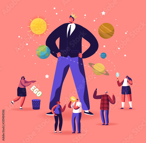 Ego, Narcissistic Self Love Behavior Concept. Tiny Male Female Characters around Huge Egocentric Macho in Crown on Head