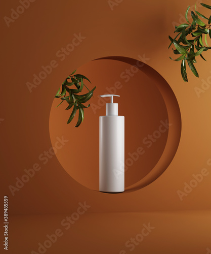 Natural cosmetic minimal stage for product presentation. Cosmetic jar podium and green leaf on monochrome background. 3d render.
