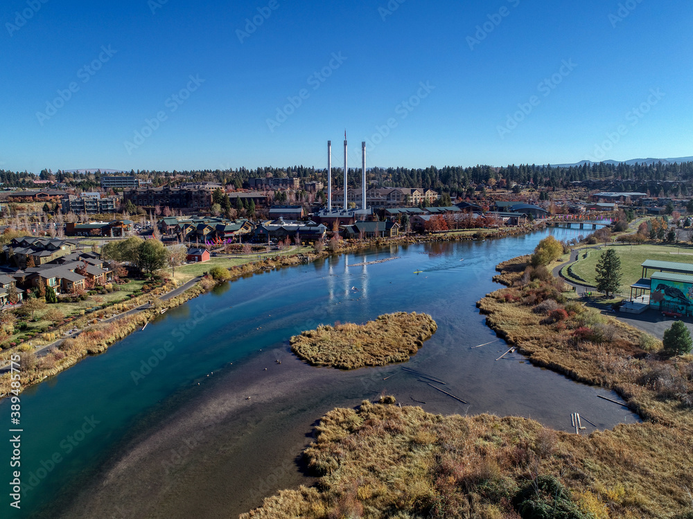 Aerial view of the Deschutes River along the Old Mill District in Bend, Oregon.