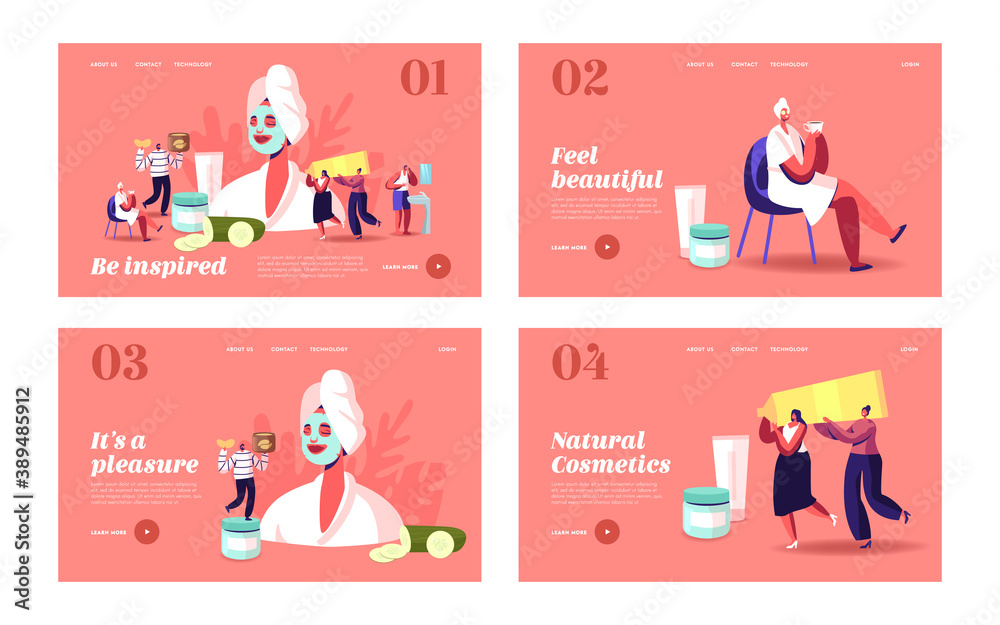 Spa, Beauty and Cosmetology Landing Page Template Set. Tiny Characters at Huge Woman with Facial Mask, Cucumber Slices