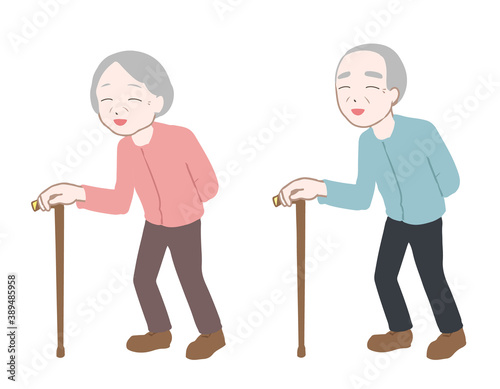 笑顔で杖をついて歩く高齢者　線無し