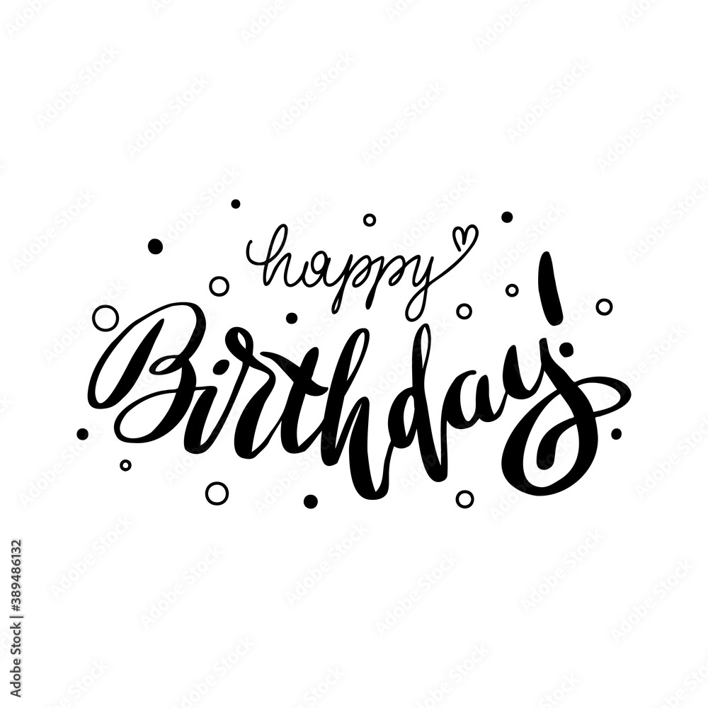 Happy birthday greeting card template lettering in black letters on a white background. Beautiful text for invitation, congratulations.