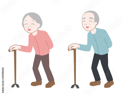 笑顔で杖をついて歩く高齢者　四点支持(線無し)