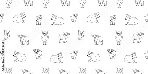Black white seamless pattern of hand drawn small and big highland cows or bulls, which are sitting, standing, lying on the ground