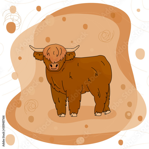 Cute Cartoon Bull high land cow is standing on the ground on pink and brown background