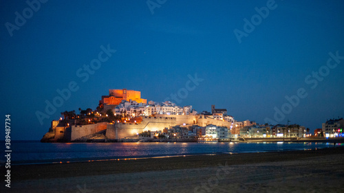 Peñíscola landscape at night with lights and the beach