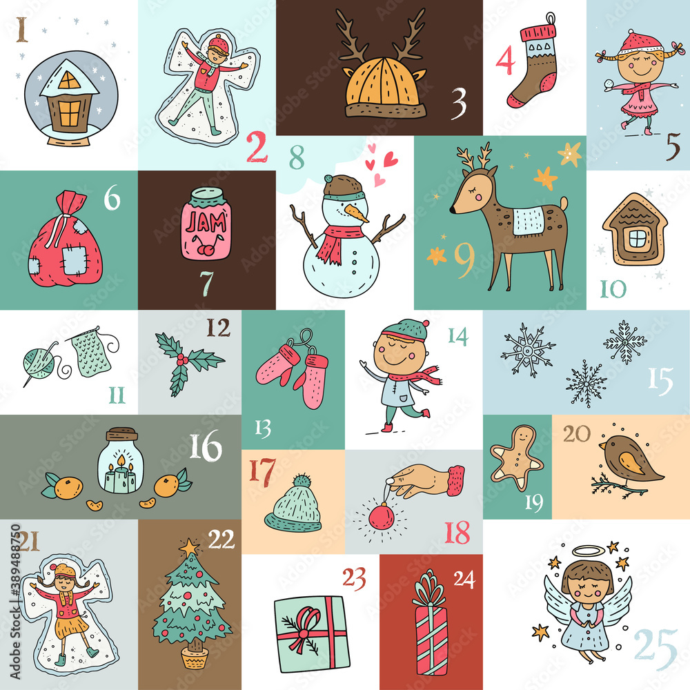 Cute cartoon advent calendar with funny animals, and signs for 25 days. Vibrant advent calendar for kids. Square calendar with New Year decor. Christmas kid greeting card with funny illustrations.