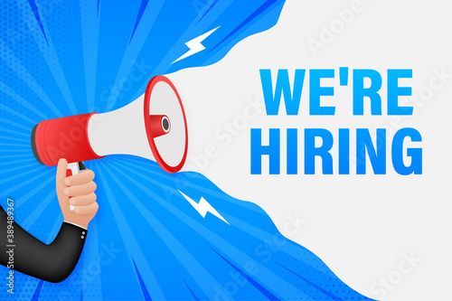 We re Hiring web banner. Megaphone With We are Hiring Speech on green background. Vector stock illustration.