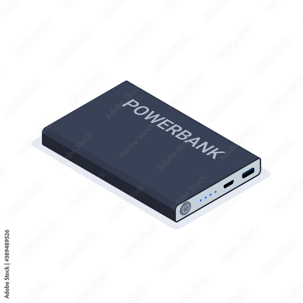 Powerbank isometric usb cable battery. Charge cell phone vector power bank