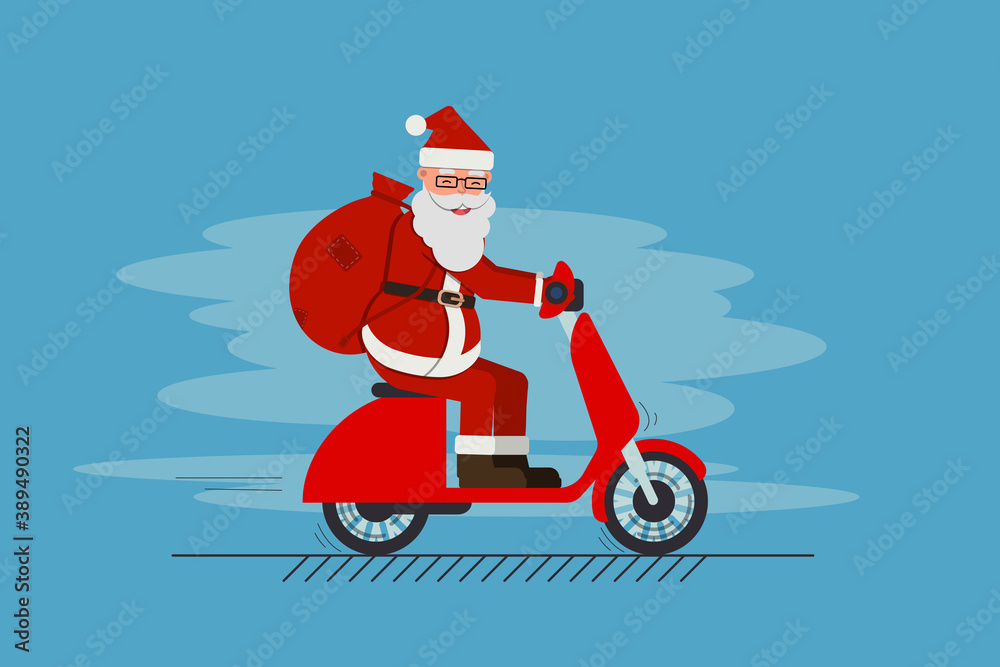 Funny cute Santa Claus riding on scooter with bag full of gifts. Merry Christmas and a Happy New Year greeting.