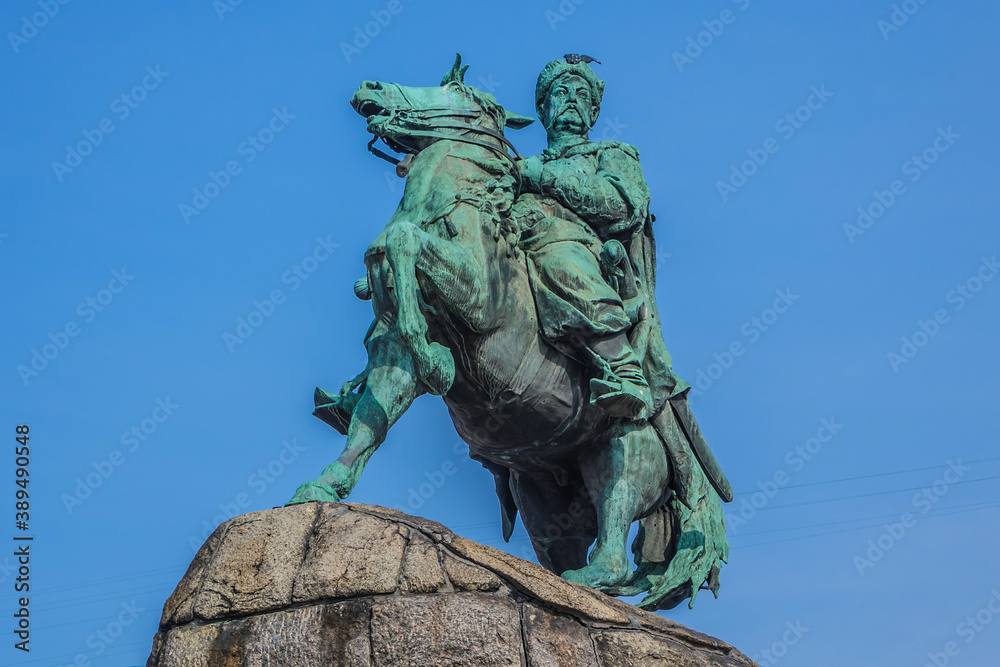 Monument to famous Ukrainian Hetman Bohdan Khmelnitsky (built in 1888) on Sofia square in Kyiv (Kiev), Ukraine. {Inscription: Bohdan Khmelnitsky, 1888}