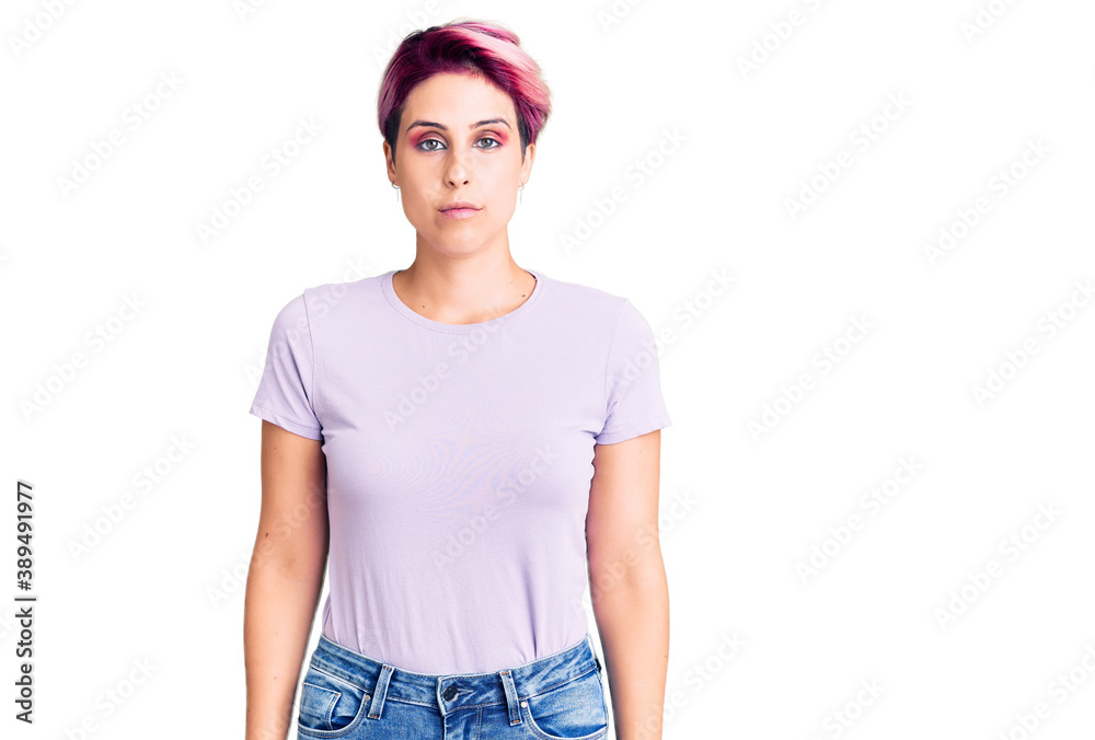 Young beautiful woman with pink hair wearing casual clothes depressed and worry for distress, crying angry and afraid. sad expression.