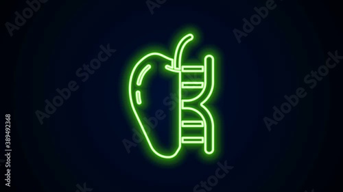 Glowing neon line Genetically modified apple icon isolated on black background. GMO fruit. 4K Video motion graphic animation.