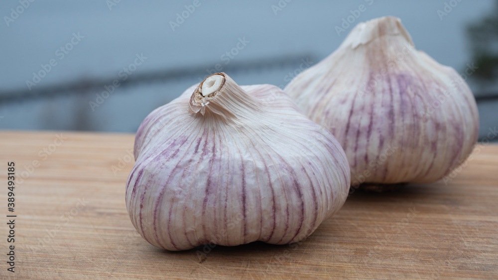 Obraz premium Locally farmed fresh garlic on wooden cutting board with the archipelago as background. Food and healthy ingredient concept.