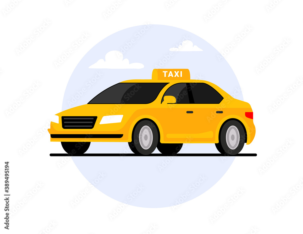 Taxi car flat cab vector transport. Taxi side view yellow cartoon concept