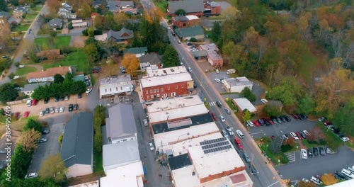 Aerial drone shot of downtown Weaverville, North Carolina in the Appalachian Mountains in Autumn photo