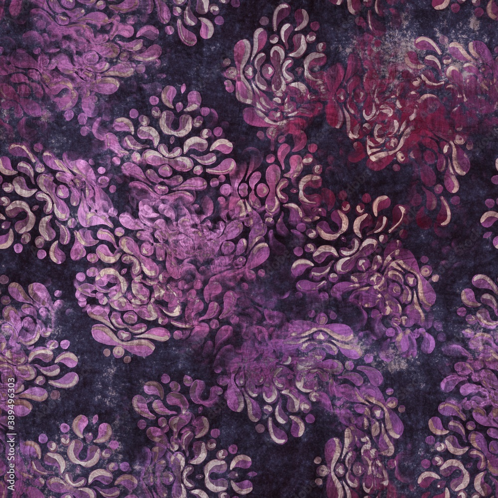 Fototapeta premium Luxury purple and tan damask seamless pattern. High quality illustration. Mysterious and luxurious grape and beige colored ornamental textured pattern swatch. Fancy and glamorous romantic design.