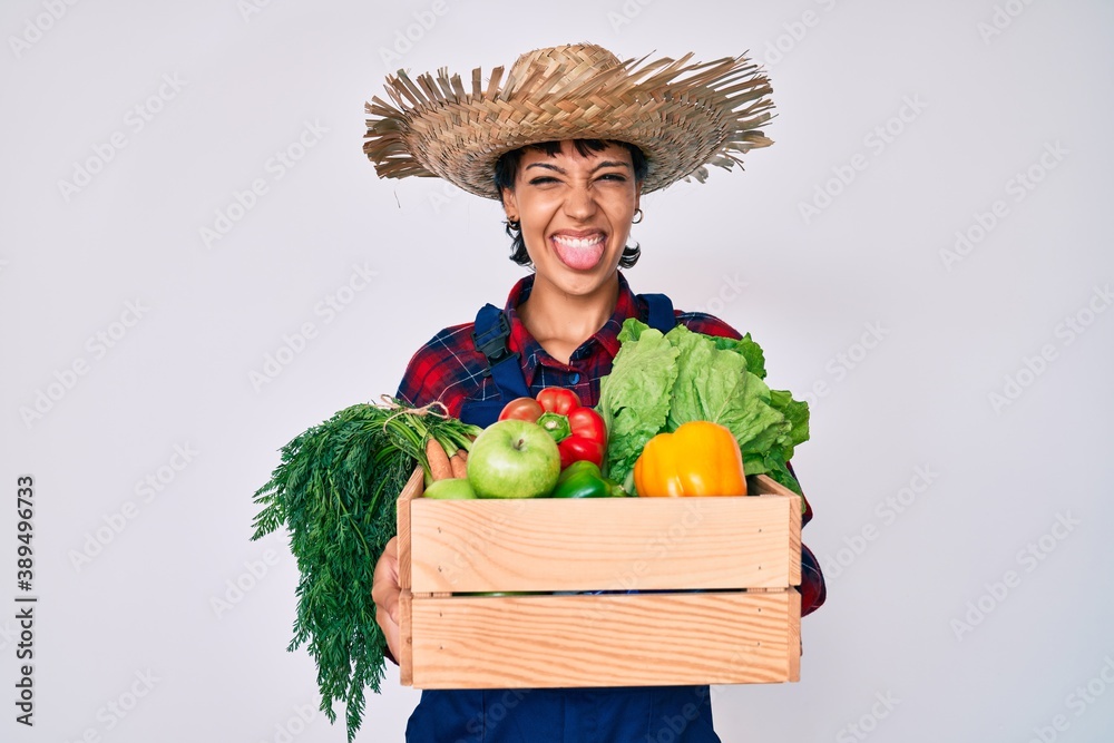 Beautiful brunettte woman wearing farmer clothes holding vegetables sticking tongue out happy with funny expression.