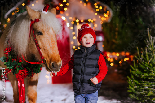 Little boyl in a red hat strokes a red horse in a Christmas wreath