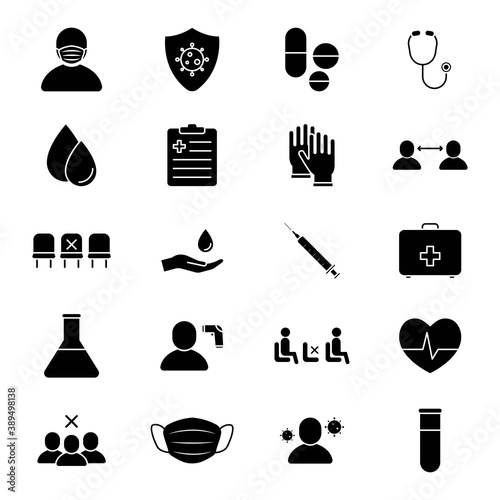 Vector set of Coronavirus/Covid-19 protective measures icons, virus protection, mask, gloves, social distancing, thermometer symbol on isolated background, UI icons for web sites and application