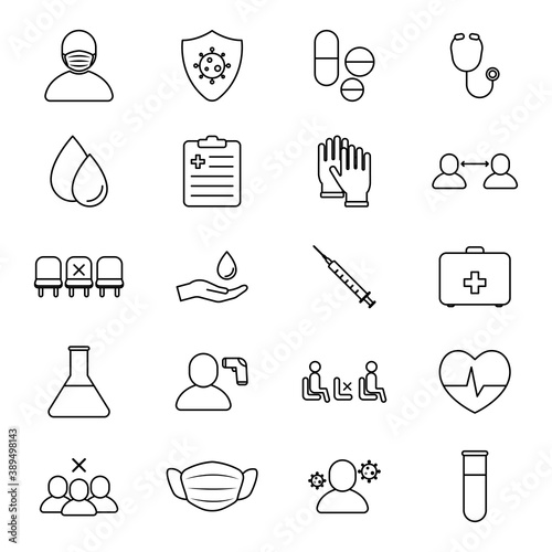 Vector set of Coronavirus/Covid-19 protective measures icons, virus protection, mask, gloves, social distancing, thermometer symbol on isolated background, UI icons for web sites and application