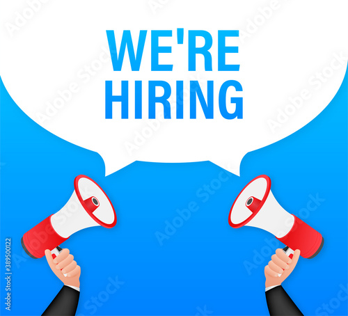We re Hiring web banner. Megaphone With We are Hiring Speech on green background. Vector stock illustration.
