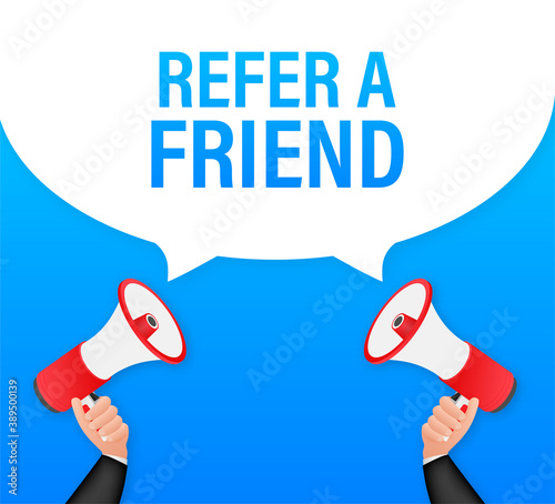 Hand holding megaphone, refer a friend. Vector stock illustration.