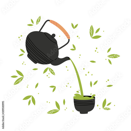 Matcha tea vector illustration. Tea is poured from a teapot into a traditional cup.Collection objects isolated on white with leaves on a background. Hand drawing illustration of matcha green tea. 