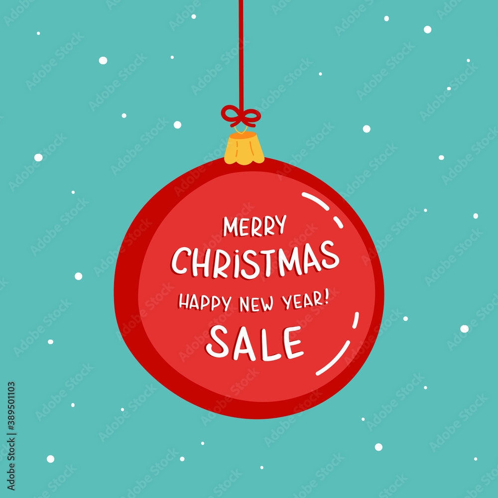 Naklejka premium Red Christmas tree toy isolated on a blu background. Christmas decoration. Ball with lettering Merry Christmas and Happy New Year sale. Vector object for christmas design, mockup. 