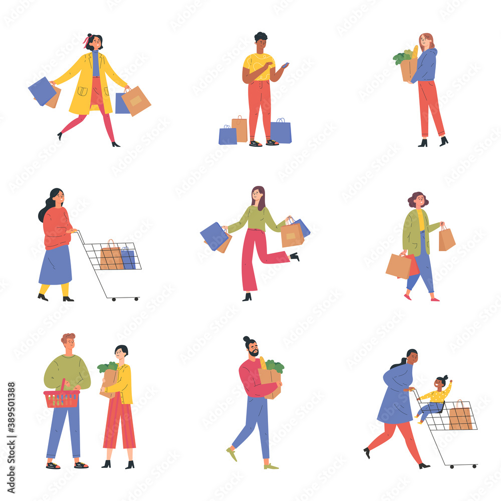 Collection of happy people with shopping bags and carts. Set of different man, woman and child with trolley and shopping bag isolated on white.Young people taking part in seasonal sale at mall. 