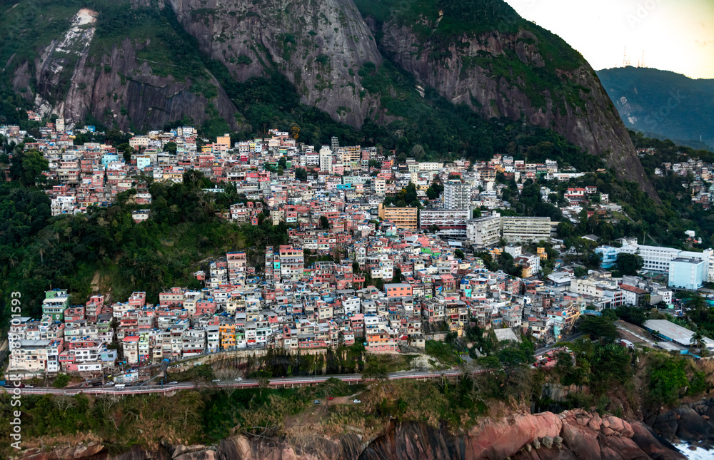 Favela Vidigal in Rio de Janeiro during sunset, aerial shot