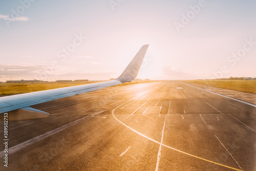 Wing of an airplane landing in Kastrup, Copenhagen airport.