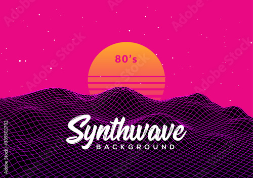 Synth wave retro grid background. Synthwave 80s vapor vector game poster neon futuristic laser space arcade