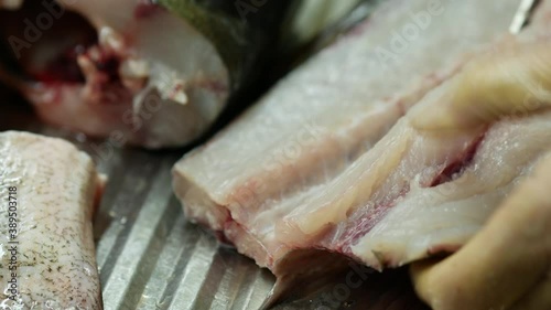 Cutting up raw fish. Cooking fish in the home kitchen. A woman peels and cuts a belan fish. Silver carp. Hypophthalmichthys molitrix. Chef cleaning silver carp in the kitchen photo