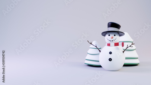 Snowman and christmas trees on gray background, winter holidays background concept, 3D Illustration